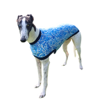 Blue Ikat Greyhound T-Shirt - custom with belly snaps and purple binding